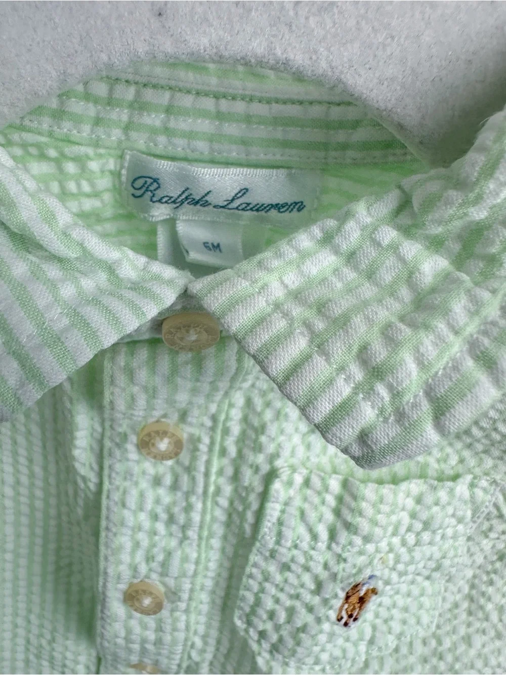 Ralph Lauren Green Seersucker Baby Boy Romper 6m EUC